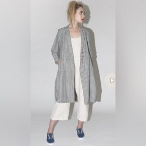 Ali Golden Notch Jacket Linen Blend Striped White Gray L Longline Open Front
